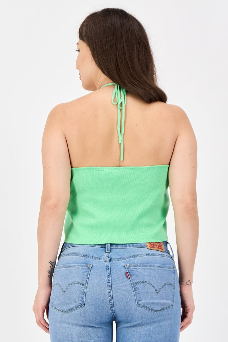 MONKI Women Halter Neck Sleeveless Solid Tank Top, Green - Image 3